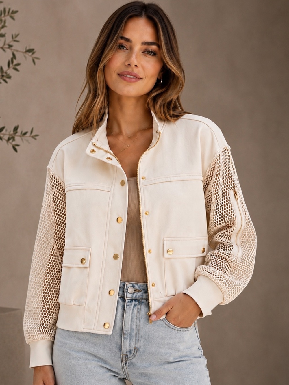 Aleeza Paris Ash Mesh Sleeve Bomber Jacket